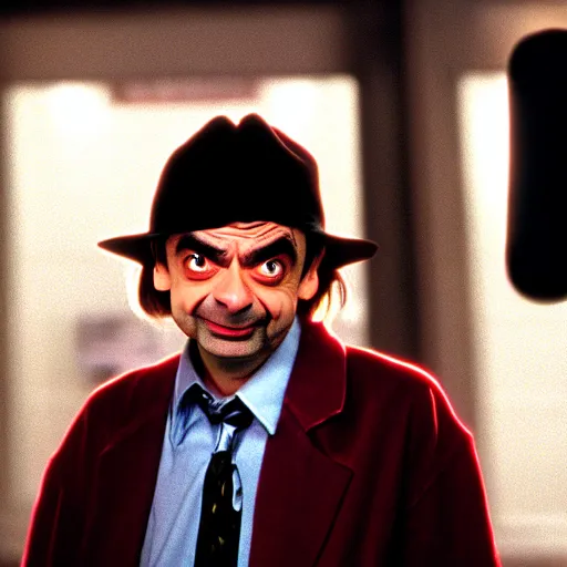 Image similar to mr. bean as wayne from the waynes world movie. movie still. cinematic lighting.