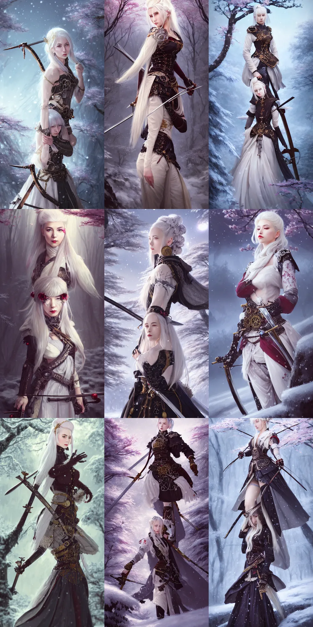 Prompt: full body portrait of a stunningly beautiful female white hair hime cut, steampunk hakama with sword and crossbow, fantasy art, princess warrior, lush winter forest landscape, cherry blossom, dark light night, sharp focus, matte painting, 4 k, concept art, art by wlop, artgerm, greg rutkowski and krenz cushart