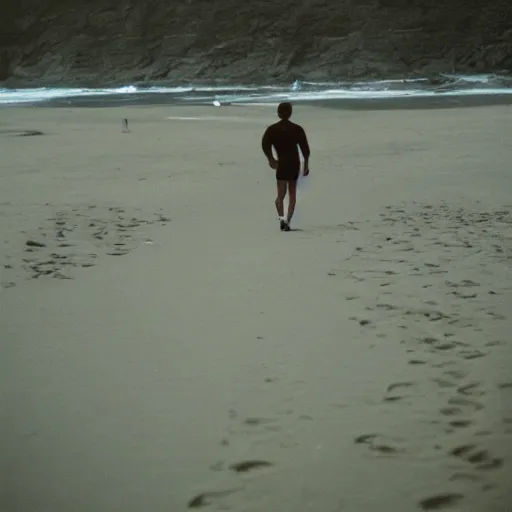 Image similar to a film photo of a man, athletic, walking on beach in Oregon, facing camera, Kodak gold 200 film