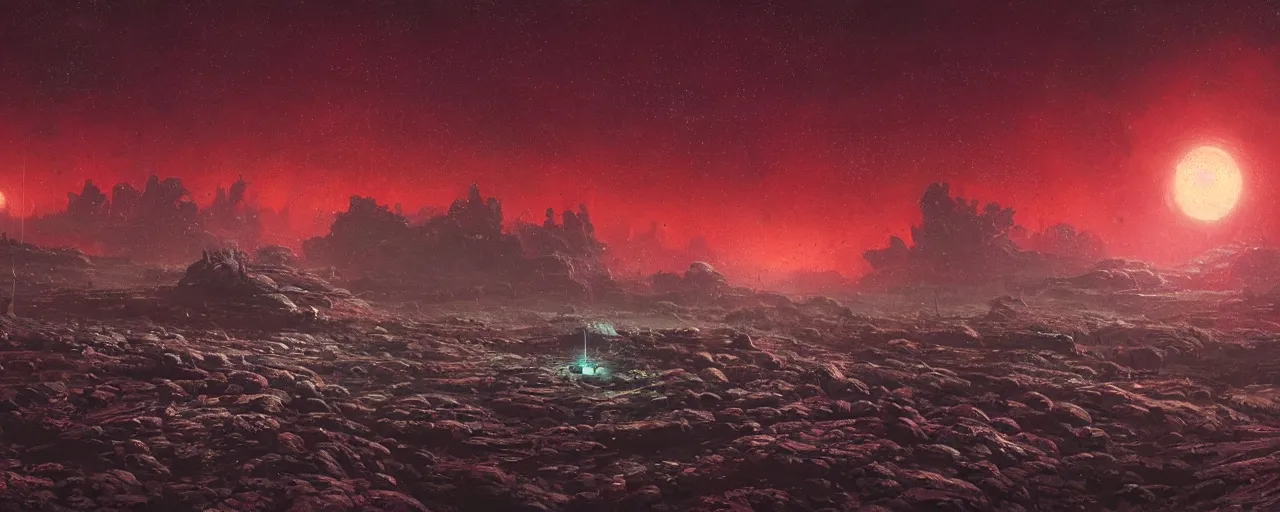 Image similar to ” night at a desolate outer planet made of barren black rock, [ cinematic, detailed, epic, widescreen, opening, establishing, mattepainting, photorealistic, realistic textures, octane render, art by paul lehr ] ”