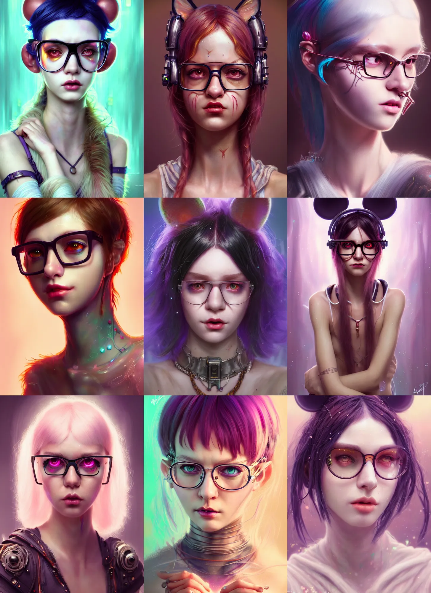 Prompt: disney weta portrait, soft lustrous biotech raver white emo clowncore catgirl cyborg, glasses, hi - fructose, sci - fi fantasy cyberpunk intricate decadent highly - detailed digital painting, octane render, artstation, concept art, smooth, sharp focus, illustration, art by artgerm, mucha, loish, wlop