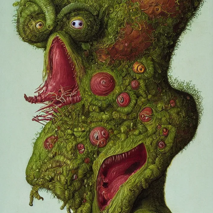 Prompt: close up portrait of a mutant monster creature with face in the shape of a colorful exotic carnivorous plant, snail - like protruding eyes. by jan van eyck, walton ford