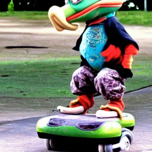 Image similar to a dodo wearing a ballcap and gold chain around its neck, on a hover board at a skate park at the beach, 1990s cartoon, teenage mutant ninja turtles