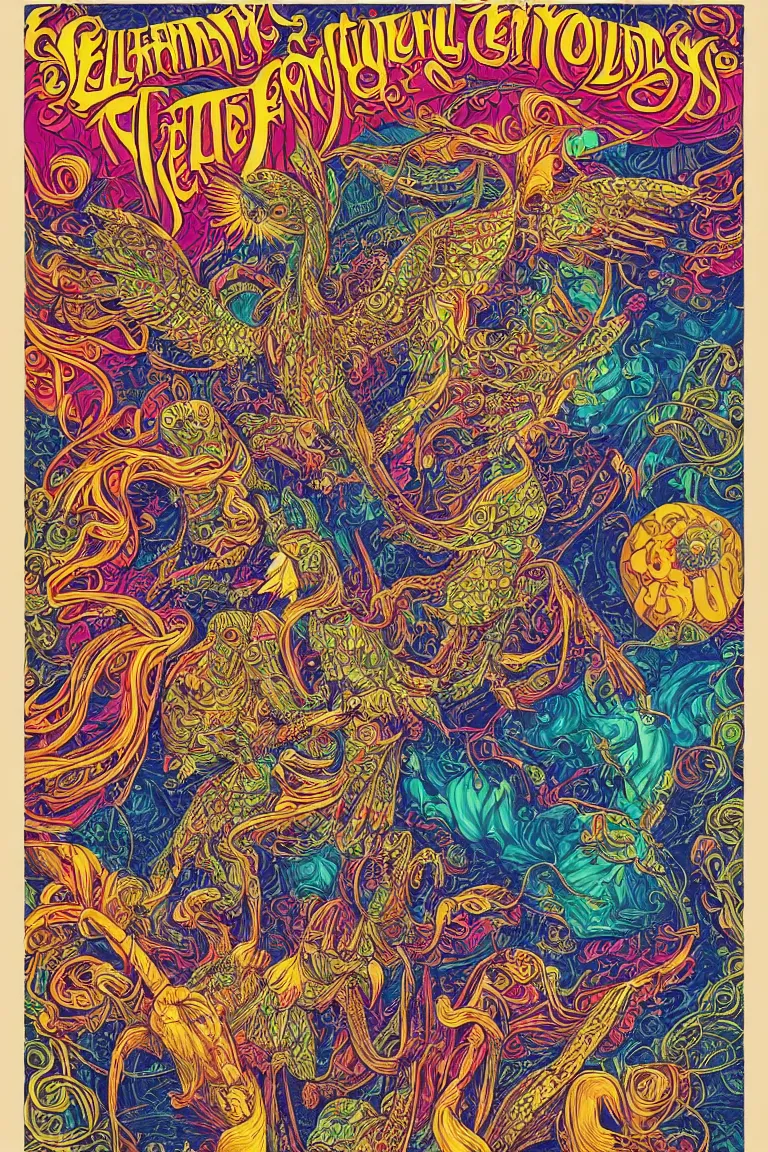 Image similar to beautiful colorful hyperrealist highly detailed psychedelic music poster'ladies and gentleman the electric owls live at the fillmore with their guests lemonade circus ', neo art nouveau, beautiful high contrast colored wood engraving, moebius comic style, shocking detail trending on artstation 8 k