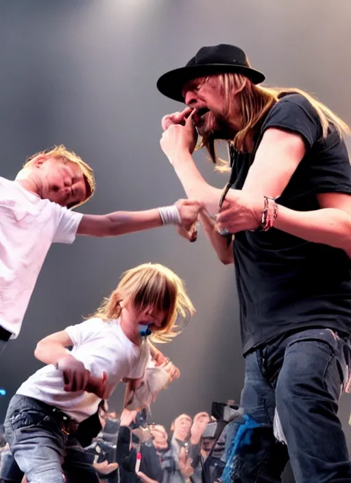 Image similar to thom yorke punching kid rock so hard his head flies off, photographic, ultra hd,