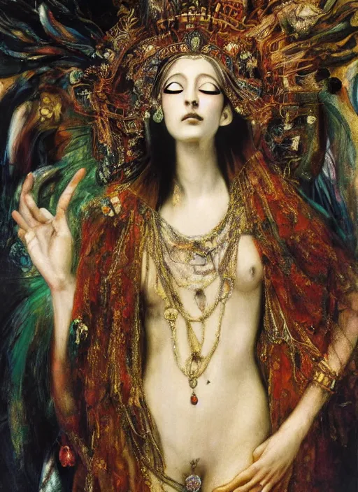 Prompt: oil painting of portait Queen of Ecstasy, Hungarian, by Yoshitaka Amano, by Georgia o Keeffe, by Gustave Moreau, By Marcel Jankowicz