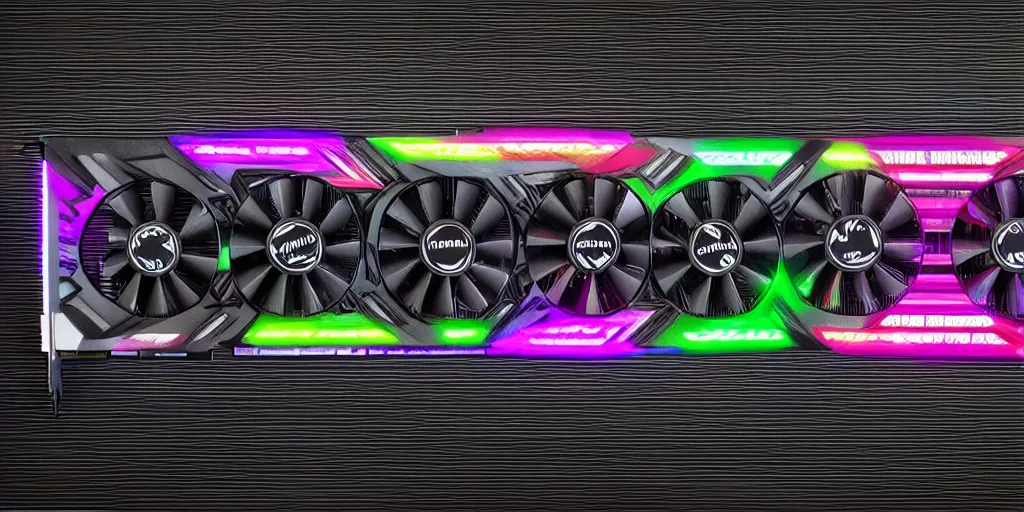 Prompt: product photo of triple wide extra long gtx rtx 4 0 9 0 nvidia gpu graphics card dramatic black background neon lighting