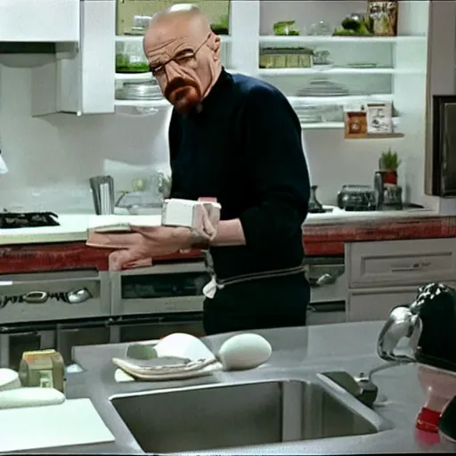 Image similar to Walter white selling kitchen utensils on the home shipping channel, tv footage.