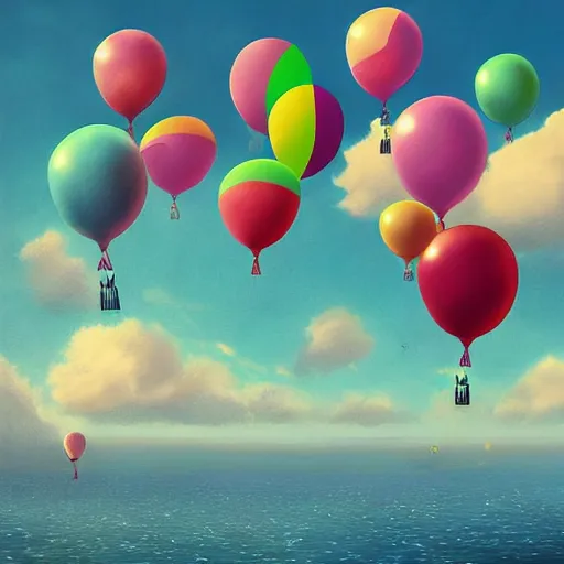 Image similar to digital art of plenty of birthday balloons floating above a beautiful sea. artstation cgsociety masterpiece