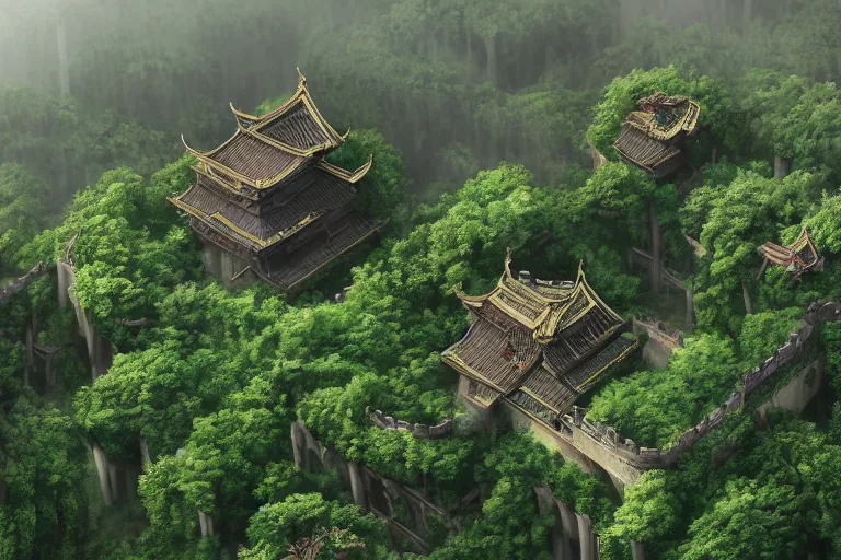 Image similar to a giant ancient chinese castle in forest with some ivy plants on the walls, by zhang zeduan, qiu ying, tang yin, cinematic, epic, dramatic lighting from above, dark, vines, fantasy, dust, unreal engine, octane, highly detailed, concept art, dark, super realistic