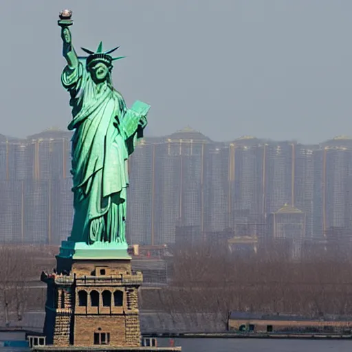 Image similar to photo of the statue of liberty as a chinese in beijing, coper cladding