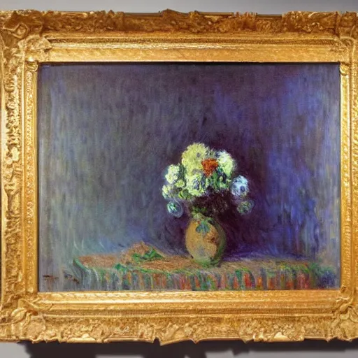 Prompt: Impressionist painting of a still life, highly proficient, museum collection, 19th-century, monet, somber
