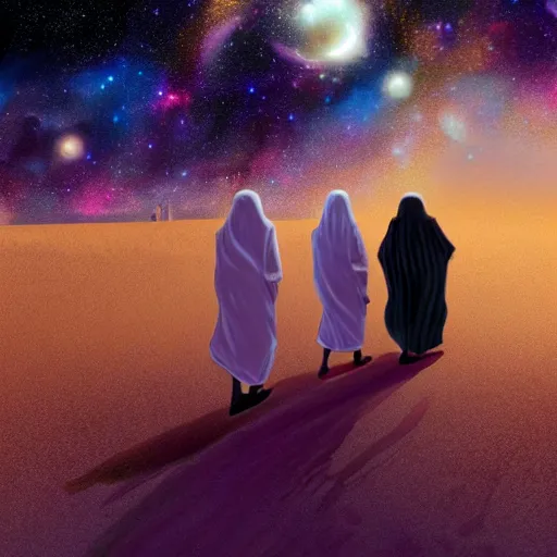 Prompt: bedouin walking towards mosque, nebula galaxy, artstation, digital art, highly detailed