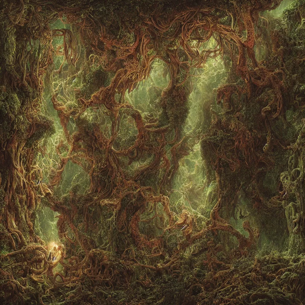 Image similar to Photorealistic shoggoth in the garden of eden in the style of Michael Whelan and Gustave Dore. Hyperdetailed photorealism, epic scale, misty, 108 megapixels, amazing depth, glowing rich colors, powerful imagery, psychedelic Overtones, 3D finalrender, 3d shading, cinematic lighting, artstation concept art