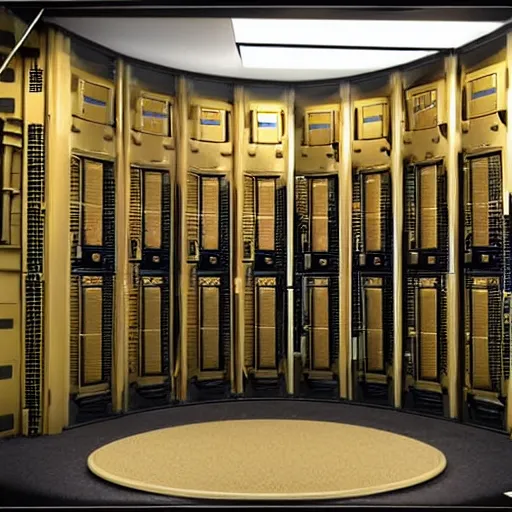 Prompt: diorama of a computer server bank room, gold, art deco, rust, worn, room full of computers