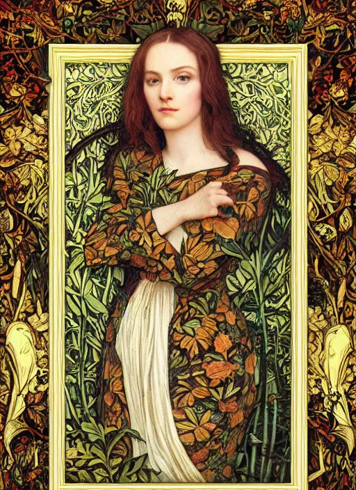 Image similar to masterpiece beautiful seductive flowing curves pose preraphaelite portrait photography, straight bangs, thick set, yellow ochre ornate medieval dress, mushroom forest arch, amongst foliage, william morris and kilian eng and mucha, framed, 4 k