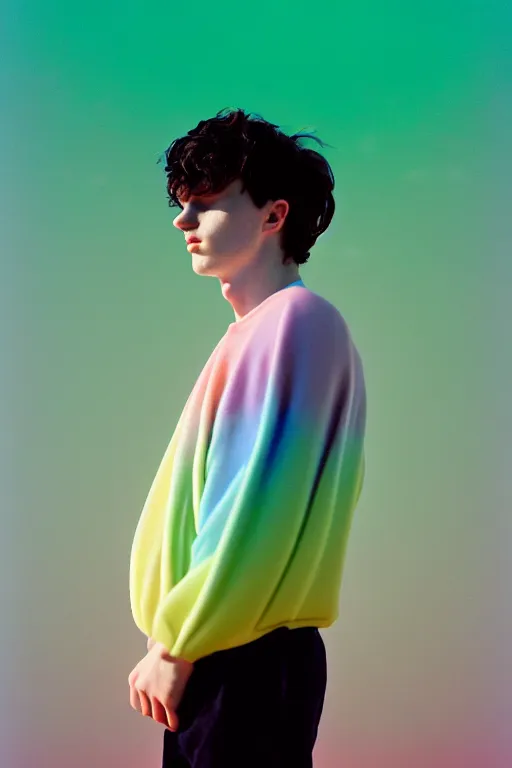 Prompt: high quality pastel coloured film mid angle docu photograph of a beautiful young 2 0 year old male, soft features, short black hair, extremely oversized clothing!! next to icelandic black rock pool environment. atmospheric. three point light. photographic. art directed. ( pastel colours ). volumetric light. clearcoat. waves glitch. 8 k. filmic.