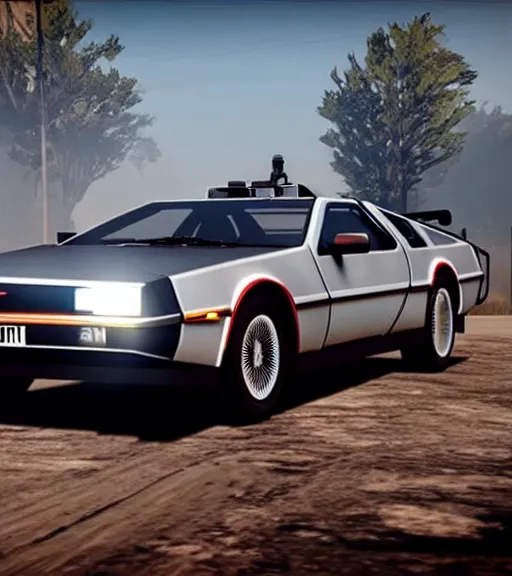 Image similar to bttf delorean in rdr2, full show, entire car in view, trending on Instagram, photo