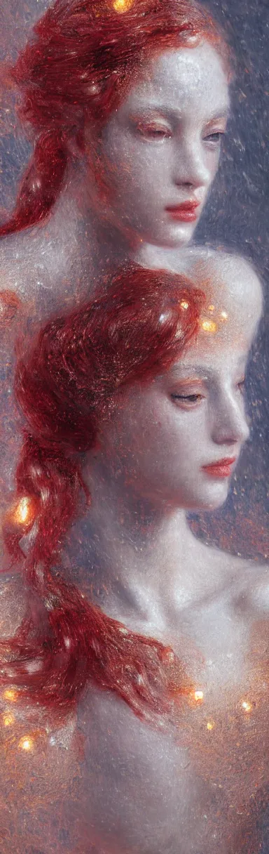 Prompt: abstract highly detailed female sculpture portrait made of white marble and red crystals quartz, ethereal lights, fine details, artstation, film still, rim light, cinematic photoshooting, luxury, 8 k, intricate golden filigree, octane render, hypperrealistic painting, abstract liquid acrylic art by renoir