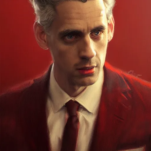 Prompt: painting of a Jordan Peterson, beautiful and detailed, he is wearing a crimson red velvet suit, oil painting, by Greg Rutkowski, trending on artstation