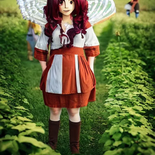 Image similar to woman with long curly read hair in villager cosplay from animal crossing. beautiful. relaxed. realistic photo. cosplay photoshoot. high detail. convention photo.