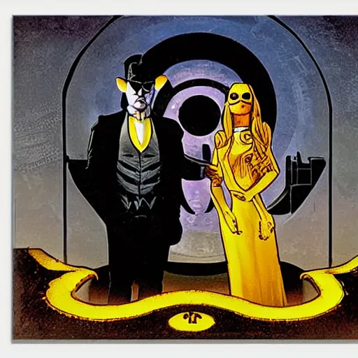 Prompt: watchmen's nite - owl and silk spectre standing behind the owlship in the style of american gothic by grant wood, nite - owl, silk spectre, owlship, oil painting