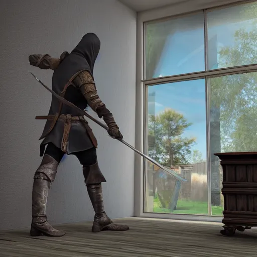 Image similar to medieval fantasy thief robbing modern home, photorealistic