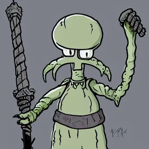 Prompt: squidward as a dark souls boss in style of flooko