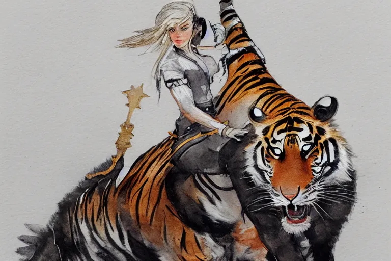 Prompt: ciri riding a tiger, art, minimalistic painting, watercolor on paper, high quality, by Berthe Morisot, trending on artstation