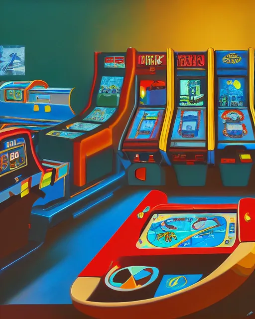 Image similar to arcade start screen. retro technology, vintage colors and shapes, wayne barlow, oil on canvas, deep depth of field, masterpiece, cinematic composition, hyperdetailed