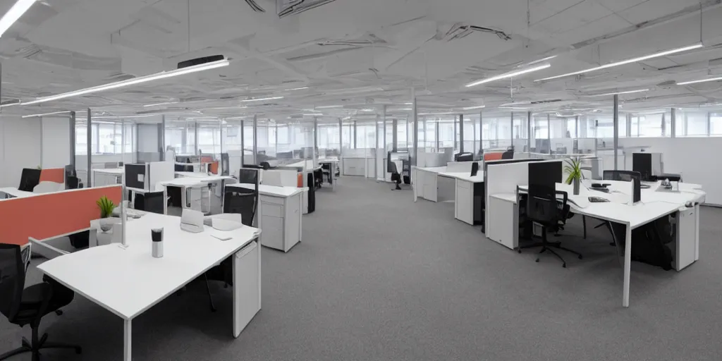 Image similar to wide lense view of open plan office, alienation in the modern age