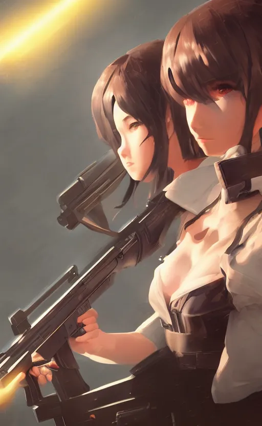 Image similar to highly detailed, high resolution, character design art, stunning, volumetric lightning, realistic guns, girls frontline style, matte, sharp focus, 150mm, illustration, artstation, by kuvshinov ilya, professional result