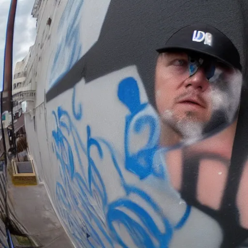 Image similar to bodycam photo of a drunk leonardo dicaprio spraying his graffiti tag in a wall, wide angle, fisheye, uhd, 8 k, bodycam, award winning,