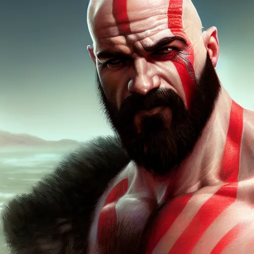 Image similar to kratos closeup portrait, dramatic light, lake background, 2 0 0 mm focal length, painted by stanley lau, painted by greg rutkowski, painted by stanley artgerm, digital art, trending on artstation