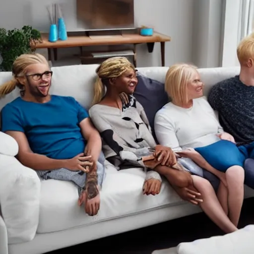 Prompt: white woman with blond pigtails sitting on a white couch with blue pillows. behind the couch is 5 men smiling.