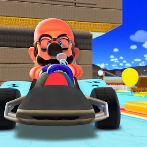 Image similar to Walter White in Mario Kart driving trailer car, game screenshot