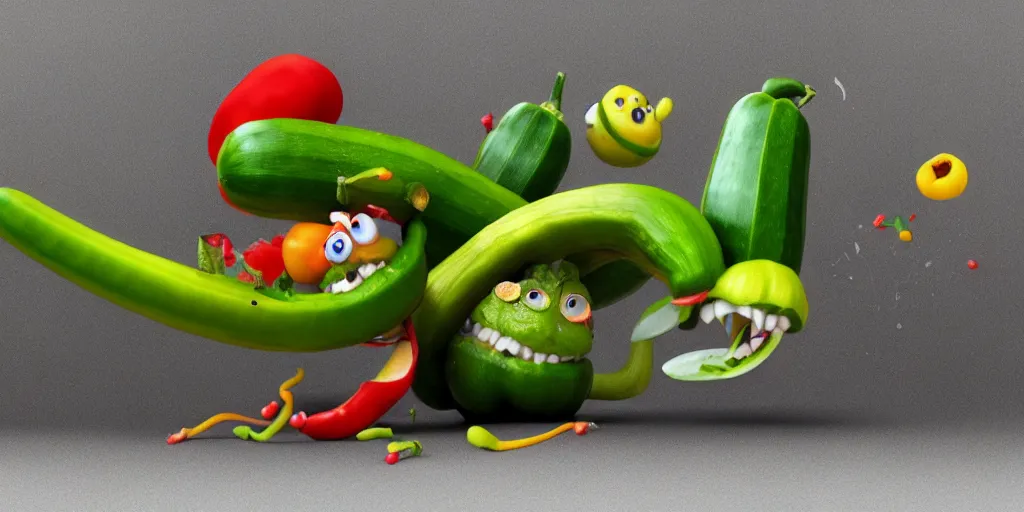 Prompt: detailed 3 d render of a furious zucchini character chasing down a frantic tomato, concept, high speed action, martial arts, explosions, bloody knife, dramatic scene, hyper realistic octane render, cinematic lighting, deviantart, pop - surrealism, lowbrow, frame from independent pixar movie