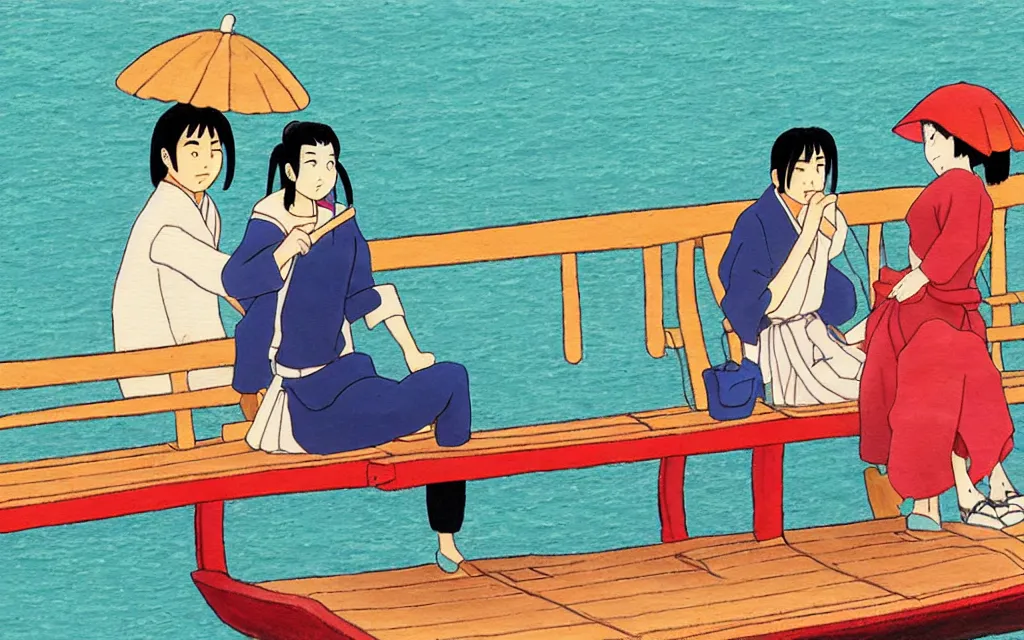 Prompt: a woman sitting on a bench with a man on a boat painting in yamato - e style