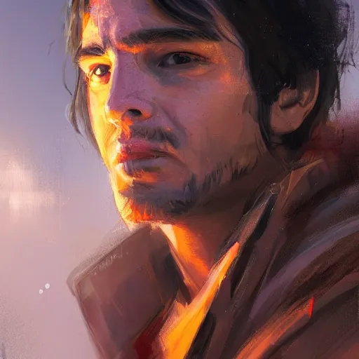 Image similar to portrait of a man by greg rutkowski, a young jedi night, arabian features, messy long black hair, wearing an orange flying jacket, star wars expanded universe, he is about 2 0 years old, highly detailed portrait, digital painting, artstation, concept art, smooth, sharp foccus ilustration, artstation hq