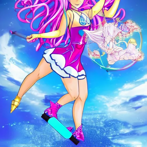 Prompt: atlantean anime magical girl flying with crystal energy rollerskates