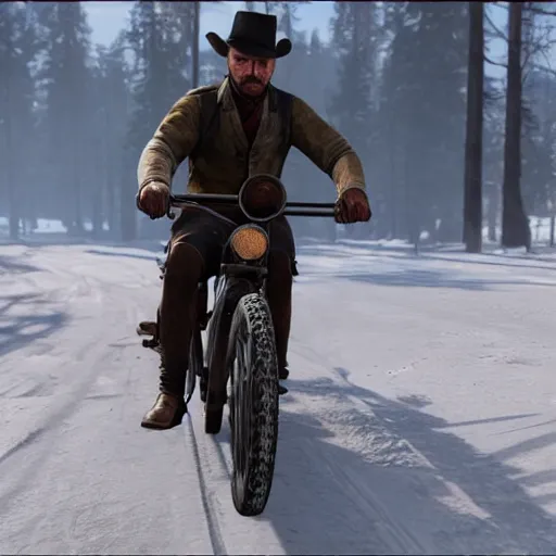 Prompt: arthur from rdr 2 high detailed face driving bike background russia in 2 0 2 0 at russia, tolyatti sportivnaia street 7, cars, snow, buildings photorealism