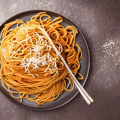 Image similar to extremely delicious looking photo of beautiful spaghetti,, unique way of serving, very expensive top quality product, michelin star, most perfect desert on the world, small manufacture, unique style, 8 k, product photography, professional studio photography