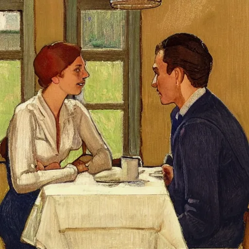 Prompt: by harold harvey over - the - shoulder shot, super mario bros lush, relaxed. a drawing of two people, a man & a woman, sitting at a table. the man is looking at the woman with interest. the woman is not interested in him. there is a lamp on the table between them.