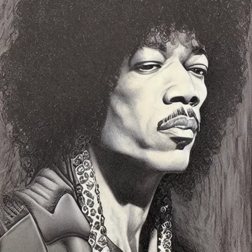 Prompt: artwork by Franklin Booth showing a portrait of Jimi Hendrix