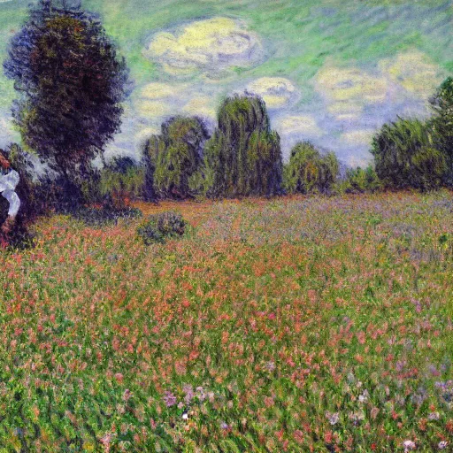 Image similar to Dwayne Johnson frolicking in a field of flowers, painting by Claude Monet, colorful