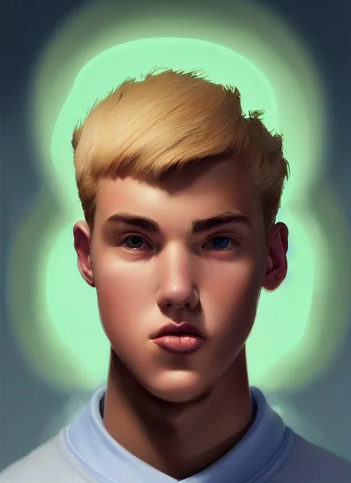 Image similar to portrait of high school senior boy named big moose, blonde short hair, jock, beefy, wide face, square jaw, square facial structure, blue varsity jacket with letter r, intricate, elegant, glowing lights, highly detailed, digital painting, artstation, concept art, sharp focus, illustration, art by wlop, mars ravelo and greg rutkowski