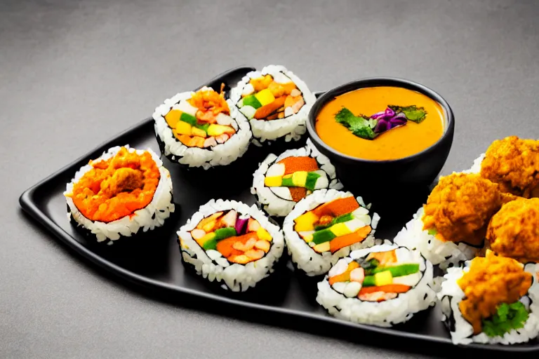 Image similar to vadapav sushi, commercial photography