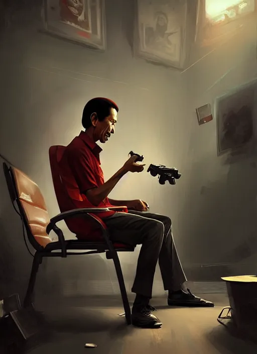 Image similar to portrait of jokowi playing playstation. highly detailed, digital painting, concept art, smooth, sharp focus, illustration, art by greg rutkowski