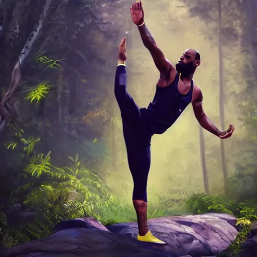 Image similar to lebron james doing yoga in the forest, made by stanley artgerm lau, wlop, rossdraws, artstation, cgsociety, concept art, cgsociety, octane render, trending on artstation, artstationhd, artstationhq, unreal engine, 4 k, 8 k