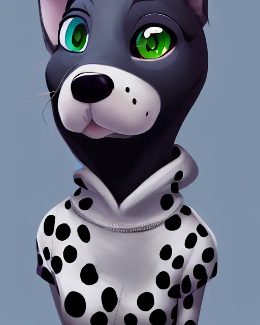 Prompt: digital painting full body of anthropomorphic furry female dalmatian dog, in style of zootopia, female fursona, furry, furaffinity, 4 k, deviantart, furry art, fursona art, wearing a black hoodie, dog fursona, female, cute detailed feminine face,